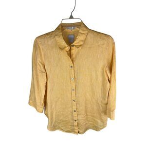 Chico's 100% Linen Button Down Shirt Size 0 US 4 No Iron Mustard 3/4 Sleeve